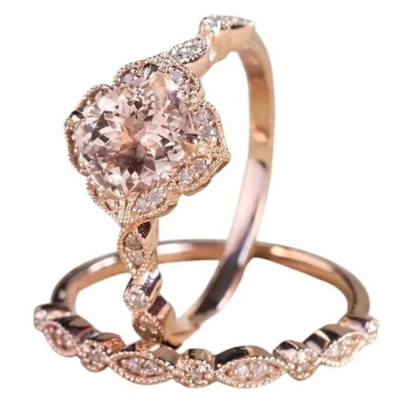 2 ct Round Cut Morganite & moissanite diamond Bridal Engagement Wedding Ring Set - Picture 2 of 6